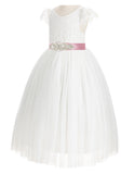 Ivory Cap Sleeves V-Back Lace Flower Girl Dresses for Wedding Reception Junior Bridesmaid Gown 622R3