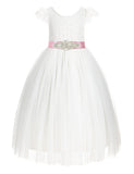 Ivory Cap Sleeves V-Back Lace Flower Girl Dresses for Wedding Reception Junior Bridesmaid Gown 622R3