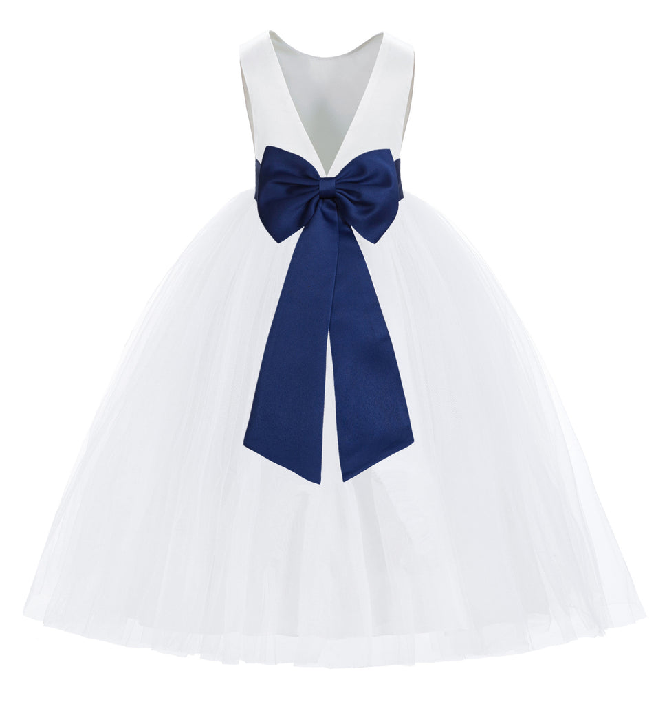 Homecoming Dresses White Flower Girl Dress With Navy Blue Sash White V-Back Satin Flower Girl Dresses With Colored Sash 219T(3) Navy Blue Homecoming Dresses White Flower Girl Dress With Navy Blue Sash White V-Back Satin Flower Girl Dresses With Colored Sash 219T(3) Navy Blue