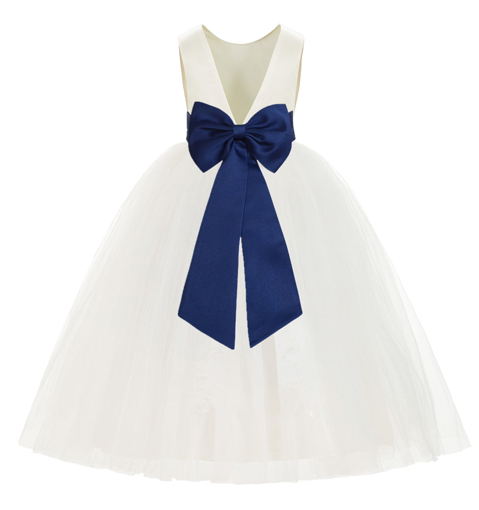 Navy Blue Flower Girl Dress With Blue Sash Ivory V-Back Satin Flower Girl Dresses With Colored Sash 219T(2 Navy Blue Flower Girl Dress With Blue Sash Ivory V-Back Satin Flower Girl Dresses With Colored Sash 219T(2