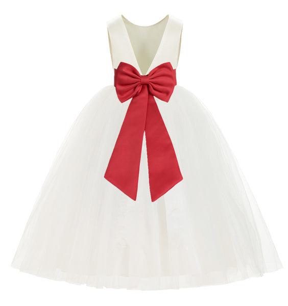 Ivory V-Back Satin Flower Girl Dresses with Colored Sash 219T(1