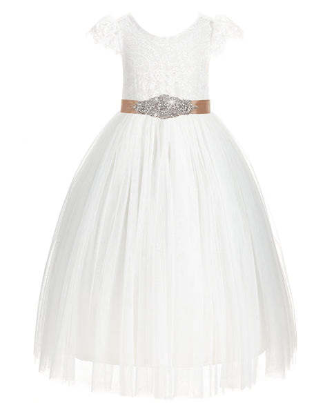 Ivory Cap Sleeves V-Back Lace Flower Girl Dresses for Wedding Reception Junior Bridesmaid Gown 622R3