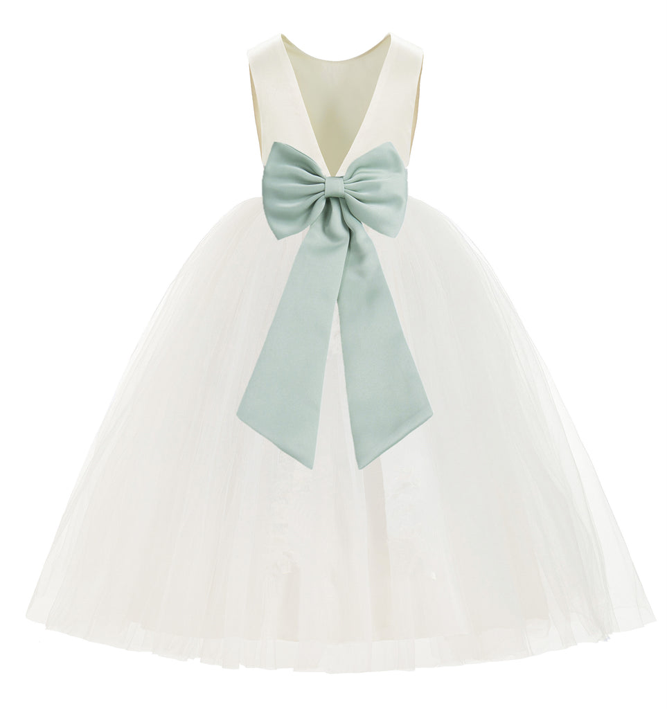 Ivory V-Back Satin Flower Girl Dresses with Colored Sash 219T(1) Ivory / 4 Ivory V-Back Satin Flower Girl Dresses with Colored Sash 219T(1) Ivory / 4