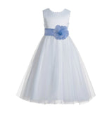 White V-Back Lace Edge Flower Girl Dress Junior Pageant Special Occasion Formal Evening Gown 183T(3)