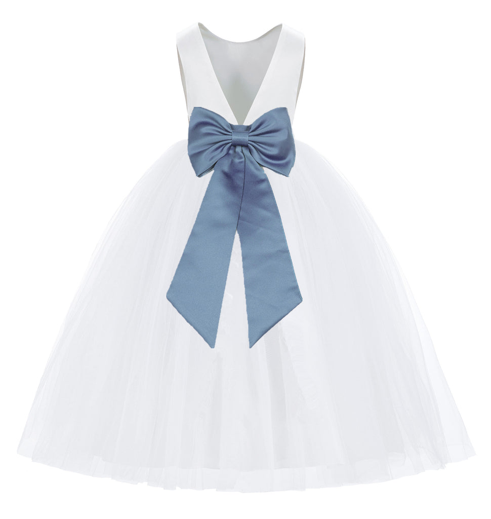 White V-Back Satin Flower Girl Dresses with Colored Sash 219T(4