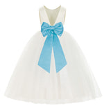 Ivory V-Back Satin Flower Girl Dresses with Colored Sash Special Events Formal Evening Gown 219T(1)