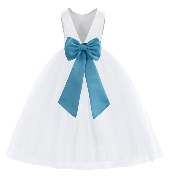 White V-Back Satin Flower Girl Dresses with Colored Sash Special Occasion Formal Events 219T(5)