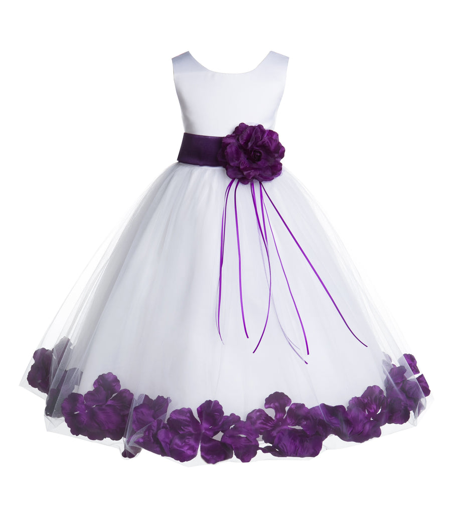 Satin Floral Rose Petals White Tulle Flower Girl Dress Wedding Pageant  Birthday 