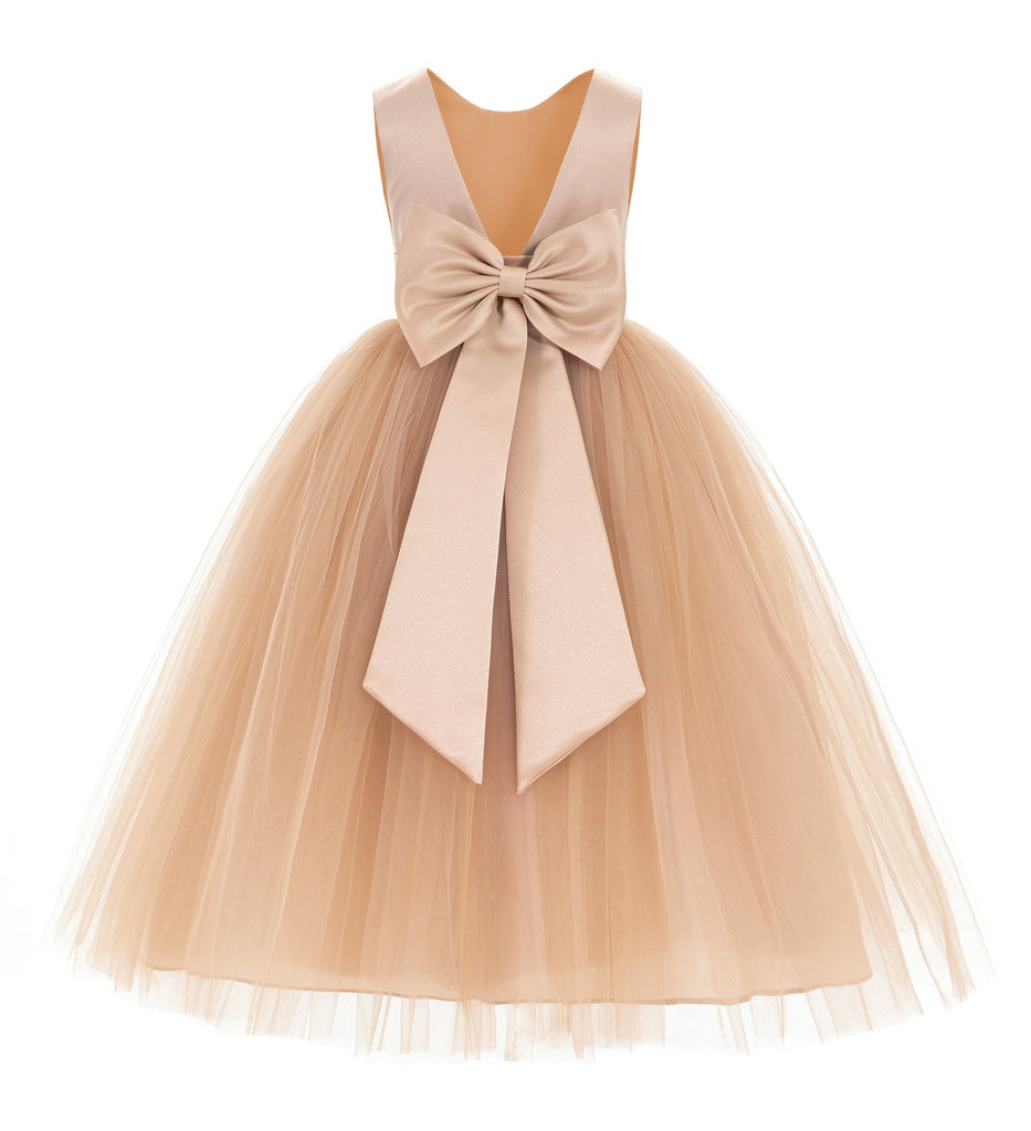 V-Back Satin Flower Girl Dress Elegant Pretty Princess Gown 219t Rose Gold / 6 V-Back Satin Flower Girl Dress Elegant Pretty Princess Gown 219t Rose Gold / 6