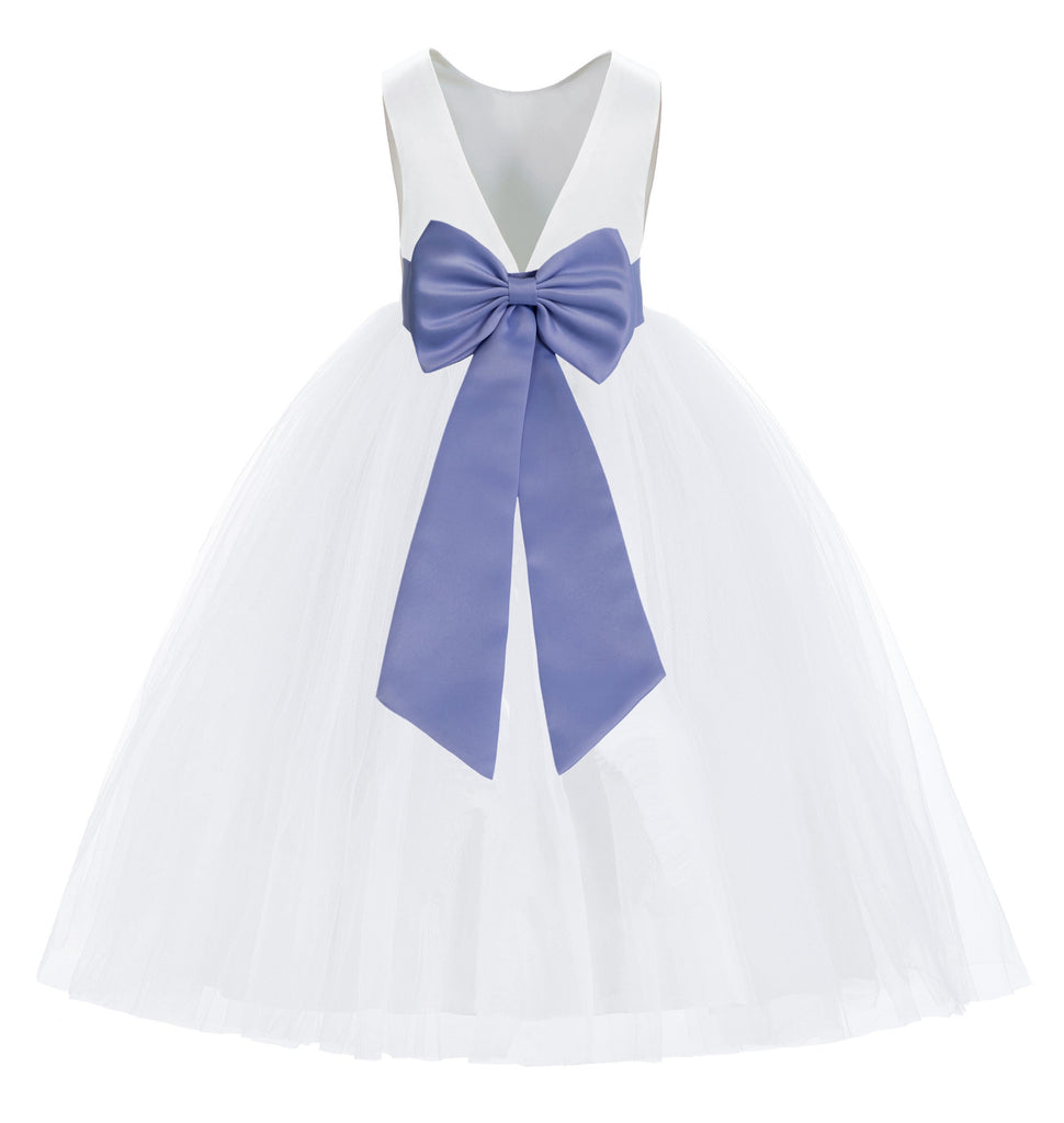 White V-Back Satin Flower Girl Dresses with Colored Sash 219T(1) | Ekidsbridal White V-Back Satin Flower Girl Dresses with Colored Sash 219T(1) | Ekidsbridal