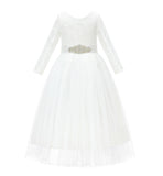A-Line V-Back Lace Flower Girl Dress with Sleeves Formal Junior Princess Gown Special Occasion 290R3