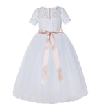 Floral Lace Flower Girl Dress with Sleeves Father Daughter Dance Recital Gown Birthday Party LG2R3