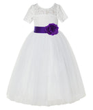 Ivory Floral Lace Flower Girl Dress with Sleeves Formal Pageant Dresses for Toddler Girls LG2T(5)