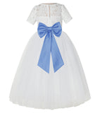 Ivory Floral Lace Flower Girl Dress with Sleeves Formal Pageant Dresses for Toddler Girls LG2T(1)