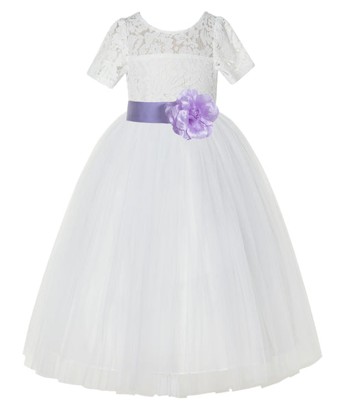 Ivory Floral Lace Flower Girl Dress with Sleeves Formal Pageant Dresses for Toddler Girls LG2T(5)