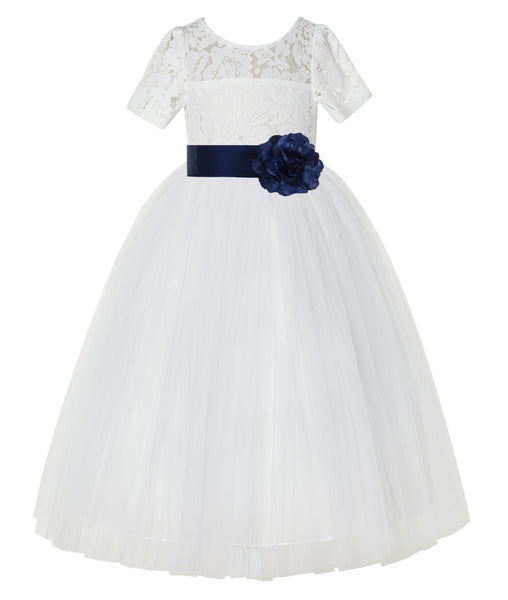 Ivory Floral Lace Flower Girl Dress with Sleeves Formal Pageant Dresses for Toddler Girls LG2T(5)