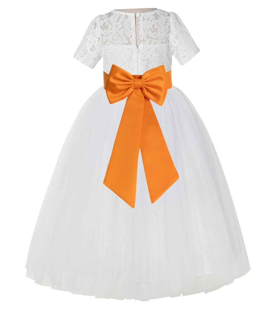 Ivory Floral Lace Flower Girl Dress w/ Sleeves Pageant Dresses LG2T(4) Orange / 4 Ivory Floral Lace Flower Girl Dress w/ Sleeves Pageant Dresses LG2T(4) Orange / 4