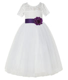 Ivory Floral Lace Flower Girl Dress with Sleeves Formal Pageant Dresses for Toddler Girls LG2T(5)