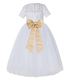 White Floral Lace Flower Girl Dress with Sleeves Junior Bridesmaid Gown Wedding Reception LG2T(5)