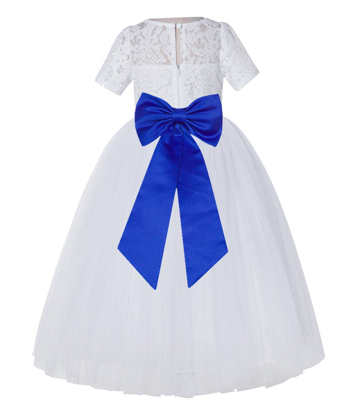 White Floral Lace Flower Girl Dress with Sleeves Junior Bridesmaid Gown Wedding Reception LG2T(5)