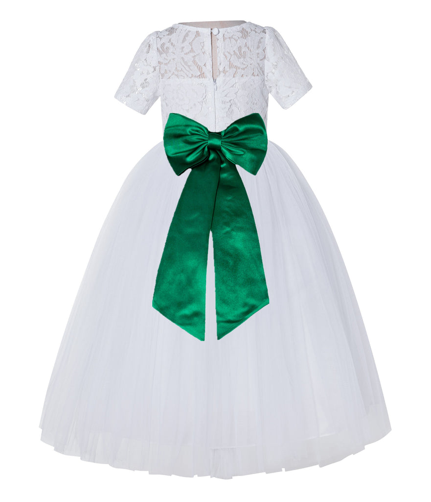 White Floral Lace Flower Girl Dress w/ Sleeves Bridesmaid Gown LG2T(4) Green / 3 White Floral Lace Flower Girl Dress w/ Sleeves Bridesmaid Gown LG2T(4) Green / 3