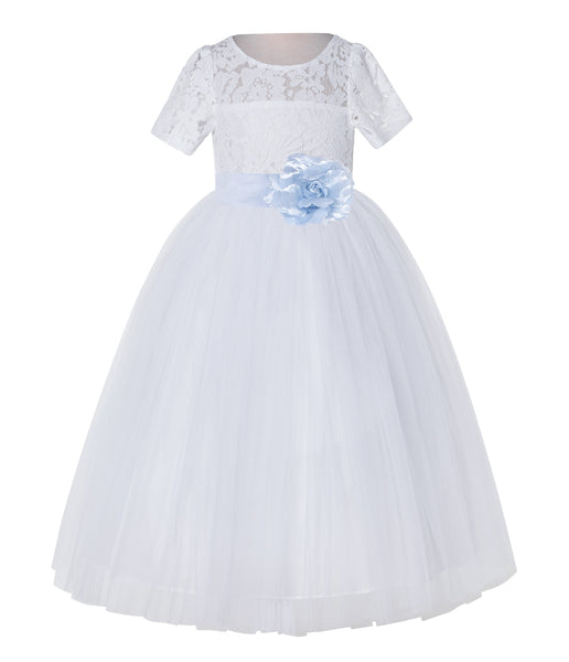 White Floral Lace Flower Girl Dress with Sleeves Junior Bridesmaid Gown Wedding Reception LG2T(5)