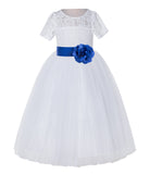 White Floral Lace Flower Girl Dress with Sleeves Junior Bridesmaid Gown Wedding Reception LG2T(5)