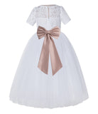 White Floral Lace Flower Girl Dress with Sleeves Junior Bridesmaid Gown Wedding Reception LG2T(3)