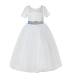 Floral Lace Flower Girl Dress with Sleeves Father Daughter Dance Recital Gown Birthday Party LG2R3