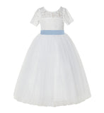 Floral Lace Flower Girl Dress with Sleeves Formal Junior Bridesmaid Gown for Toddler Girls LG2R