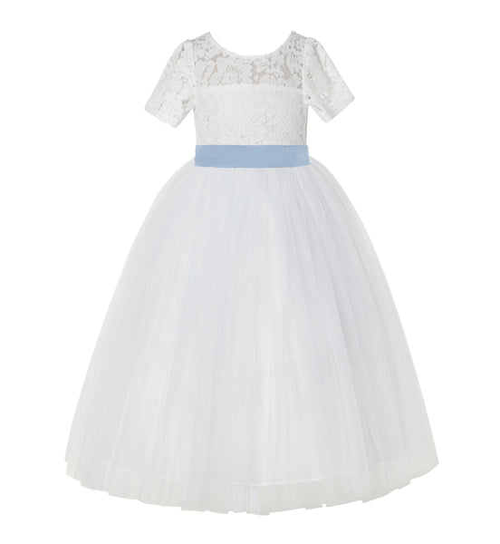 Floral Lace Flower Girl Dress with Sleeves Formal Junior Bridesmaid Gown for Toddler Girls LG2R