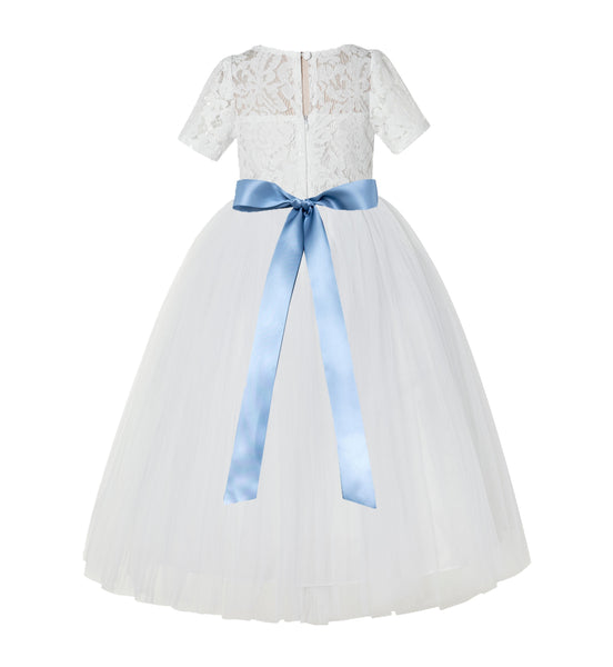 Floral Lace Flower Girl Dress with Sleeves Formal Junior Bridesmaid Gown for Toddler Girls LG2R