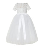 Floral Lace Flower Girl Dress with Sleeves Formal Junior Bridesmaid Gown for Toddler Girls LG2R