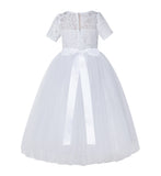 Floral Lace Flower Girl Dress with Sleeves Formal Junior Bridesmaid Gown for Toddler Girls LG2R