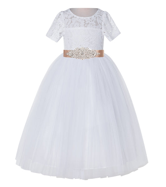 Floral Lace Flower Girl Dress with Sleeves Father Daughter Dance Recital Gown Birthday Party LG2R3