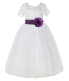 Ivory Floral Lace Flower Girl Dress with Sleeves Formal Pageant Dresses for Toddler Girls LG2T(5)