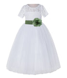 White Floral Lace Flower Girl Dress with Sleeves Junior Bridesmaid Gown Wedding Reception LG2T(5)