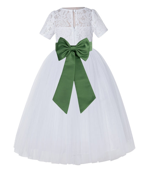 White Floral Lace Flower Girl Dress with Sleeves Junior Bridesmaid Gown Wedding Reception LG2T(5)