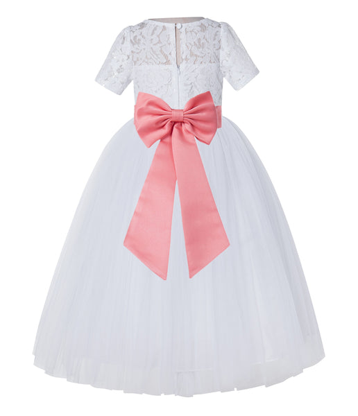 White Floral Lace Flower Girl Dress with Sleeves Junior Bridesmaid Gown Wedding Reception LG2T(5)