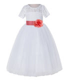 White Floral Lace Flower Girl Dress with Sleeves Junior Bridesmaid Gown Wedding Reception LG2T(5)