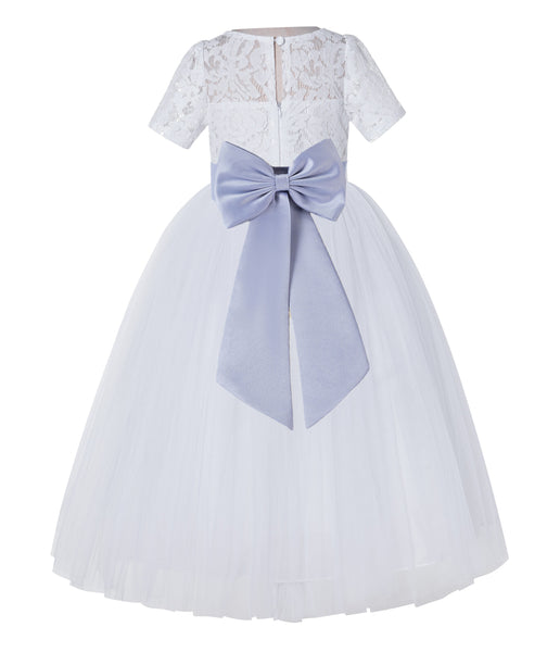 White Floral Lace Flower Girl Dress with Sleeves Junior Bridesmaid Gown Wedding Reception LG2T(5)