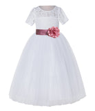 White Floral Lace Flower Girl Dress with Sleeves Junior Bridesmaid Gown Wedding Reception LG2T(5)