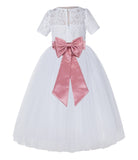 White Floral Lace Flower Girl Dress with Sleeves Junior Bridesmaid Gown Wedding Reception LG2T(5)