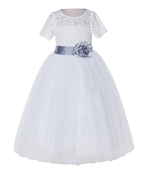 White Floral Lace Flower Girl Dress with Sleeves Junior Bridesmaid Gown Wedding Reception LG2T(5)