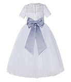 White Floral Lace Flower Girl Dress with Sleeves Junior Bridesmaid Gown Wedding Reception LG2T(5)