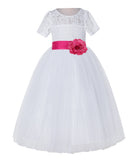 White Floral Lace Flower Girl Dress with Sleeves Junior Bridesmaid Gown Wedding Reception LG2T(5)