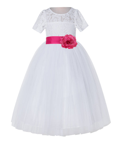 White Floral Lace Flower Girl Dress with Sleeves Junior Bridesmaid Gown Wedding Reception LG2T(5)