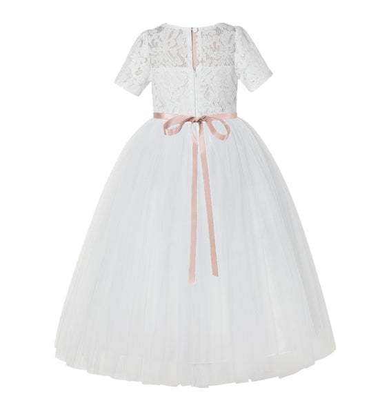 Floral Lace Flower Girl Dress with Sleeves Holy Communion Gown Formal Dance Recital Dresses LG2R1