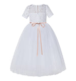 Floral Lace Flower Girl Dress with Sleeves Holy Communion Gown Formal Dance Recital Dresses LG2R1