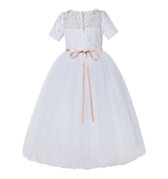 Floral Lace Flower Girl Dress with Sleeves Holy Communion Gown Formal Dance Recital Dresses LG2R1